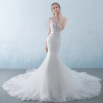 Chic Beautiful White Pierced Wedding Dresses 2018 Trumpet Mermaid Scoop Neck Sleeveless Backless Appliques Lace Sequins Beading Crystal Bow Sash Cathedral Train