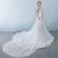 Chic / Belle Blanche Percé Robe De Mariée 2018 Trompette / Sirène Encolure Dégagée Sans Manches Dos Nu Appliques En Dentelle Paillettes Perlage Cristal Noeud Ceinture Cathedral Train