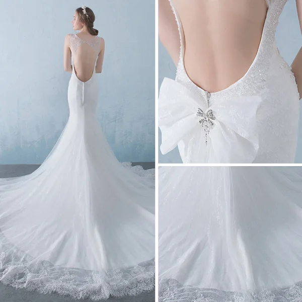Chic / Belle Blanche Percé Robe De Mariée 2018 Trompette / Sirène Encolure Dégagée Sans Manches Dos Nu Appliques En Dentelle Paillettes Perlage Cristal Noeud Ceinture Cathedral Train