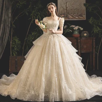 Vintage Retro Champagne Wedding Dresses 2019 Princess Square Neckline Puffy Short Sleeve Backless Beading Pearl Glitter Tulle Cathedral Train Ruffle