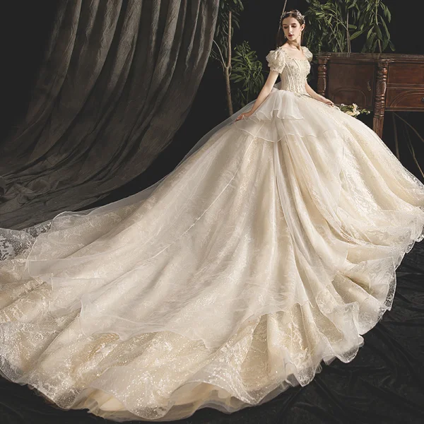 Vintage / Retro Champagne Wedding Dresses 2019 Princess Square Neckline Puffy Short Sleeve Backless Beading Pearl Glitter Tulle Cathedral Train Ruffle