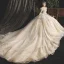 Vintage / Retro Champagne Wedding Dresses 2019 Princess Square Neckline Puffy Short Sleeve Backless Beading Pearl Glitter Tulle Cathedral Train Ruffle