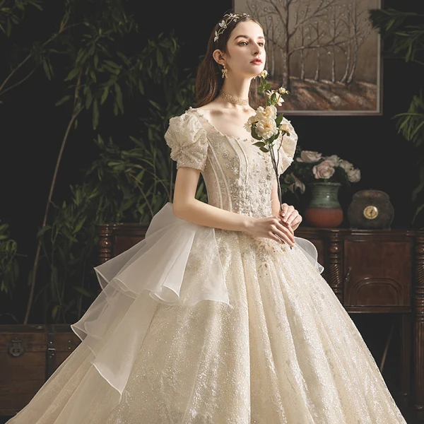 Vintage / Retro Champagne Wedding Dresses 2019 Princess Square Neckline Puffy Short Sleeve Backless Beading Pearl Glitter Tulle Cathedral Train Ruffle