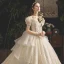 Vintage / Retro Champagne Wedding Dresses 2019 Princess Square Neckline Puffy Short Sleeve Backless Beading Pearl Glitter Tulle Cathedral Train Ruffle