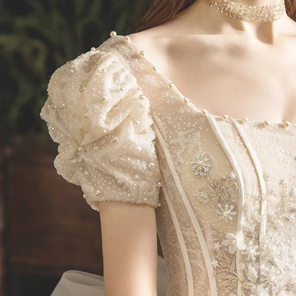 Vintage / Retro Champagne Wedding Dresses 2019 Princess Square Neckline Puffy Short Sleeve Backless Beading Pearl Glitter Tulle Cathedral Train Ruffle