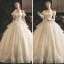 Vintage / Retro Champagne Wedding Dresses 2019 Princess Square Neckline Puffy Short Sleeve Backless Beading Pearl Glitter Tulle Cathedral Train Ruffle
