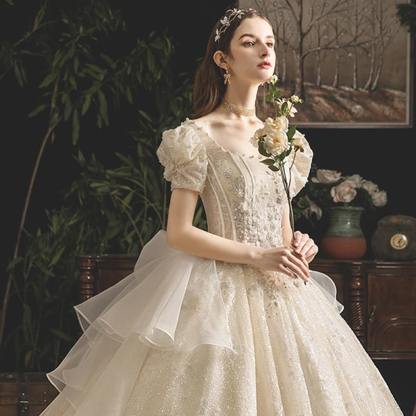 Vintage / Retro Champagne Wedding Dresses 2019 Princess Square Neckline Puffy Short Sleeve Backless Beading Pearl Glitter Tulle Cathedral Train Ruffle