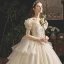 Vintage / Retro Champagne Wedding Dresses 2019 Princess Square Neckline Puffy Short Sleeve Backless Beading Pearl Glitter Tulle Cathedral Train Ruffle