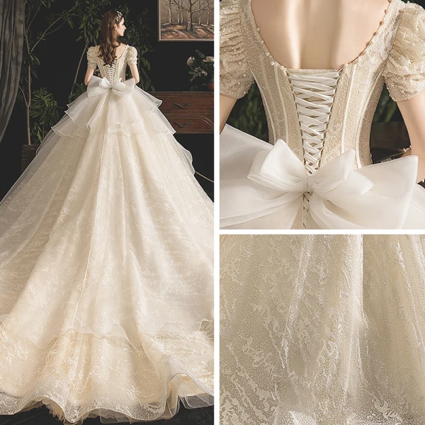 Vintage / Retro Champagne Wedding Dresses 2019 Princess Square Neckline Puffy Short Sleeve Backless Beading Pearl Glitter Tulle Cathedral Train Ruffle