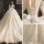 Vintage / Retro Champagne Wedding Dresses 2019 Princess Square Neckline Puffy Short Sleeve Backless Beading Pearl Glitter Tulle Cathedral Train Ruffle