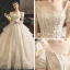 Vintage / Retro Champagne Wedding Dresses 2019 Princess Square Neckline Puffy Short Sleeve Backless Beading Pearl Glitter Tulle Cathedral Train Ruffle