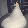 Chic / Beautiful White Pierced Wedding Dresses 2017 A-Line / Princess Scoop Neck Long Sleeve Backless Appliques Lace Chapel Train