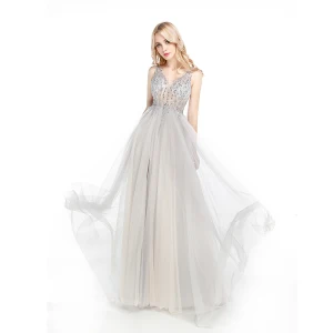 Scintillantes Gris Robe De Soirée 2017 Princesse V Cou Sans Manches Faux Diamant Perlage Paillettes Longue Dos Nu Percé Robe De Ceremonie