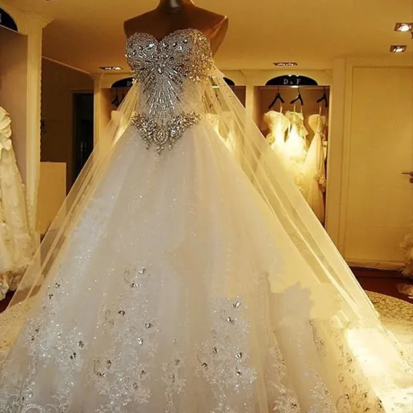 Luxury / Gorgeous White Corset Wedding Dresses 2017 A-Line / Princess Sweetheart Sleeveless Backless Rhinestone Crystal Cathedral Train