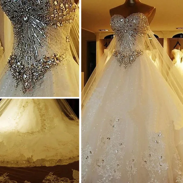Luksus Hvit Korsett Brudekjoler 2017 Prinsesse Kjæreste Uten Ermer Ryggløse Rhinestone Krystall Cathedral Train