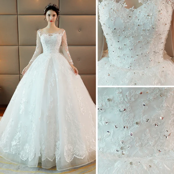 Schöne Weiß Durchbohrt Brautkleider 2017 Ballkleid Rundhalsausschnitt Lange Ärmel Rückenfreies Applikationen Mit Spitze Pailletten Perle Kapelle-Schleppe