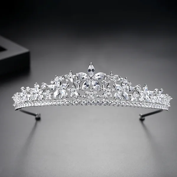 Moda Srebrny Rhinestone Kwiat Tiara Ozdoby Do Włosów Ślubne 2022 Cyrkon Stop Ślub