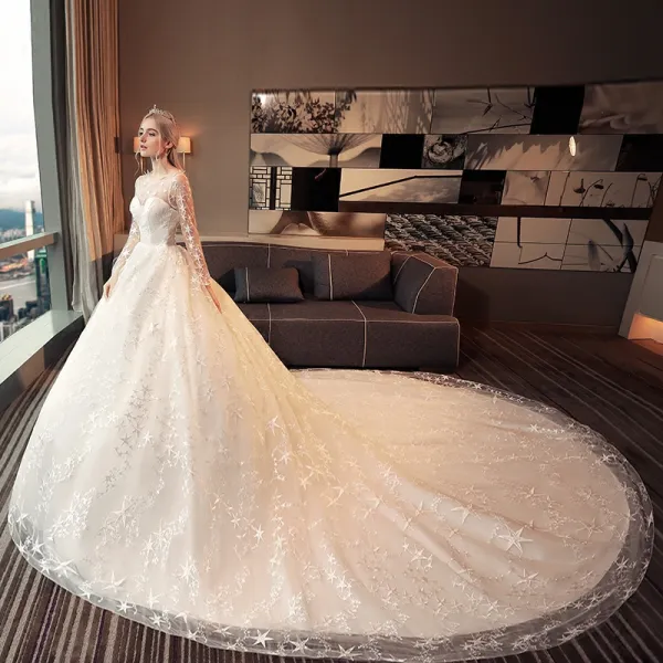 Chic / Beautiful Ivory Pierced Wedding Dresses 2017 Ball Gown Scoop Neck Long Sleeve Backless Star Cathedral Train