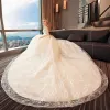 Chic / Beautiful Ivory Pierced Wedding Dresses 2017 Ball Gown Scoop Neck Long Sleeve Backless Star Cathedral Train