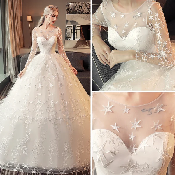 Chic / Belle Ivoire Percé Robe De Mariée 2017 Robe Boule Encolure Dégagée Manches Longues Dos Nu Étoile Cathedral Train