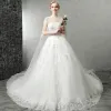 Chinese style White Pierced Wedding Dresses 2017 A-Line / Princess High Neck Sleeveless Backless Appliques Lace Royal Train