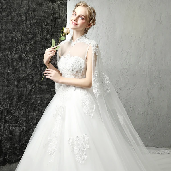 Chinese style White Pierced Wedding Dresses 2017 A-Line / Princess High Neck Sleeveless Backless Appliques Lace Royal Train