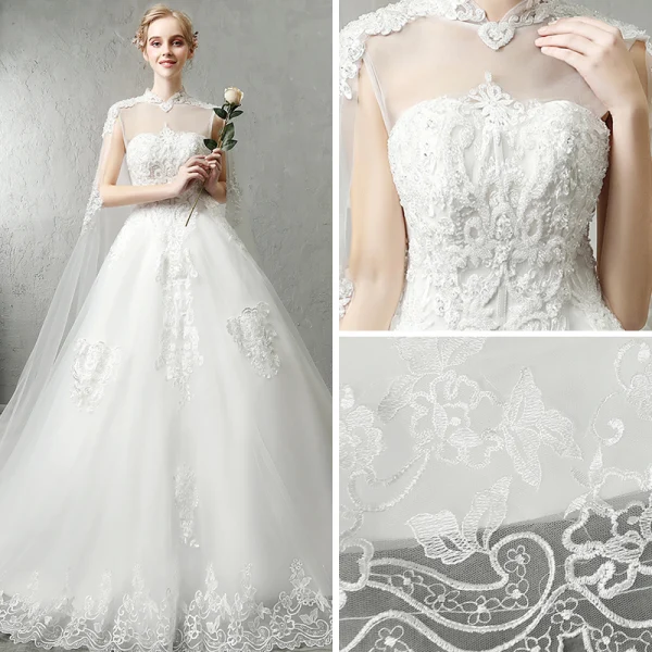 Chinese style White Pierced Wedding Dresses 2017 A-Line / Princess High Neck Sleeveless Backless Appliques Lace Royal Train