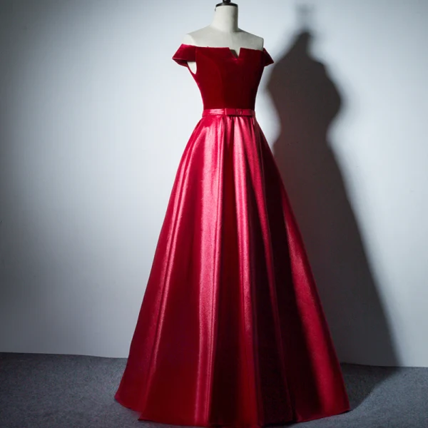 Modest / Simple Burgundy Evening Dresses 2017 A-Line / Princess V-Neck Off-The-Shoulder Short Sleeve Floor-Length / Long Backless Formal Dresses