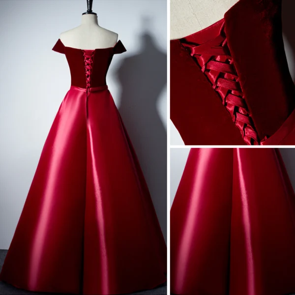 Modest / Simple Burgundy Evening Dresses 2017 A-Line / Princess V-Neck Off-The-Shoulder Short Sleeve Floor-Length / Long Backless Formal Dresses