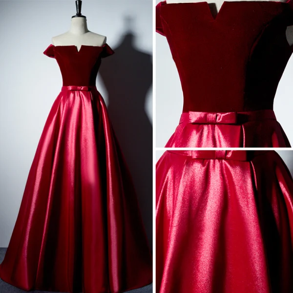 Modest / Simple Burgundy Evening Dresses 2017 A-Line / Princess V-Neck Off-The-Shoulder Short Sleeve Floor-Length / Long Backless Formal Dresses