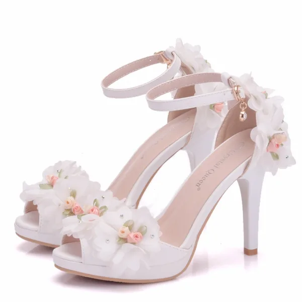Chic / Beautiful White Appliques Ankle Strap Prom Outdoor / Garden Womens Sandals 2025 10 cm Stiletto Heels Open / Peep Toe Sandals High Heels
