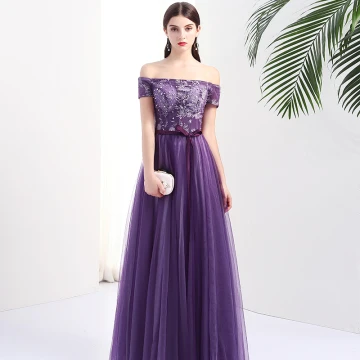 Chic Belle Grape Robe De Soirée 2017 Princesse De L Épaule Manches Courtes Appliques En Dentelle Faux Diamant Ceinture Longue Dos Nu Robe De Ceremonie