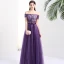 Chic / Belle Grape Robe De Soirée 2017 Princesse De l'épaule Manches Courtes Appliques En Dentelle Faux Diamant Ceinture Longue Dos Nu Robe De Ceremonie