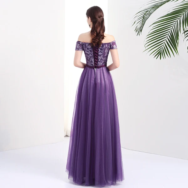 Chic / Belle Grape Robe De Soirée 2017 Princesse De l'épaule Manches Courtes Appliques En Dentelle Faux Diamant Ceinture Longue Dos Nu Robe De Ceremonie