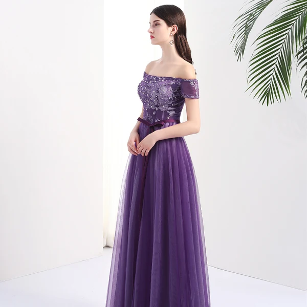 Chic / Belle Grape Robe De Soirée 2017 Princesse De l'épaule Manches Courtes Appliques En Dentelle Faux Diamant Ceinture Longue Dos Nu Robe De Ceremonie
