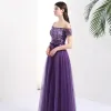 Chic / Beautiful Grape Evening Dresses  2017 A-Line / Princess Off-The-Shoulder Short Sleeve Appliques Lace Rhinestone Sash Floor-Length / Long Backless Formal Dresses