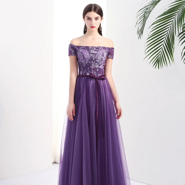 Chic / Belle Grape Robe De Soirée 2017 Princesse De l'épaule Manches Courtes Appliques En Dentelle Faux Diamant Ceinture Longue Dos Nu Robe De Ceremonie