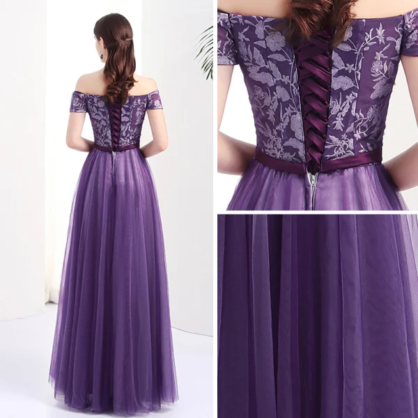 Chic / Belle Grape Robe De Soirée 2017 Princesse De l'épaule Manches Courtes Appliques En Dentelle Faux Diamant Ceinture Longue Dos Nu Robe De Ceremonie