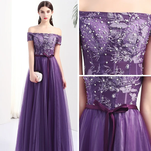 Chic / Belle Grape Robe De Soirée 2017 Princesse De l'épaule Manches Courtes Appliques En Dentelle Faux Diamant Ceinture Longue Dos Nu Robe De Ceremonie