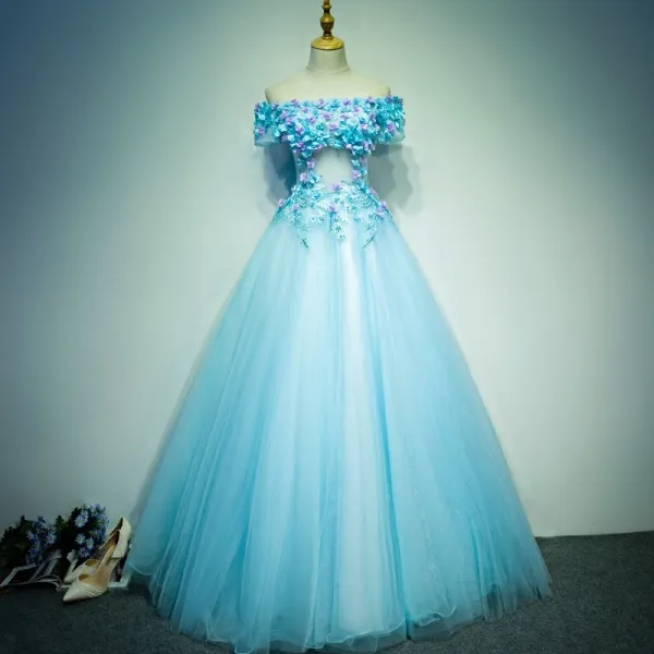 Affordable Chic / Beautiful Prom Dresses 2017 Lace Appliques Pearl Off-The-Shoulder Short Sleeve Backless Floor-Length / Long Sky Blue Ball Gown Affordable Chic / Beautiful Prom Dresses 2017 Lace Appliques Pearl Off-The-Shoulder Short Sleeve Backless Floor-Length / Long Sky Blue Ball Gown