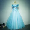 Affordable Chic / Beautiful Prom Dresses 2017 Lace Appliques Pearl Off-The-Shoulder Short Sleeve Backless Floor-Length / Long Sky Blue Ball Gown