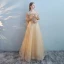 Charmant Doré Transparentes Robe De Bal 2018 Princesse Encolure Dégagée Manches Courtes Perle Perlage Faux Diamant Longue Volants Dos Nu Robe De Ceremonie