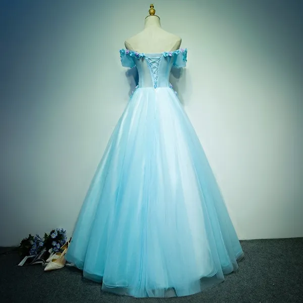 Affordable Chic / Beautiful Prom Dresses 2017 Lace Appliques Pearl Off-The-Shoulder Short Sleeve Backless Floor-Length / Long Sky Blue Ball Gown