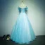 Affordable Chic / Beautiful Prom Dresses 2017 Lace Appliques Pearl Off-The-Shoulder Short Sleeve Backless Floor-Length / Long Sky Blue Ball Gown
