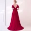 Charmant Bordeaux Robe De Soirée 2018 Princesse Bretelles Spaghetti Bustier Manches Courtes Appliques En Dentelle Paillettes Tribunal Train Volants Dos Nu Robe De Ceremonie