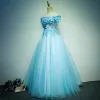 Affordable Chic / Beautiful Prom Dresses 2017 Lace Appliques Pearl Off-The-Shoulder Short Sleeve Backless Floor-Length / Long Sky Blue Ball Gown