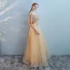 Charming Gold See-through Prom Dresses 2018 A-Line / Princess Scoop Neck Short Sleeve Pearl Beading Rhinestone Floor-Length / Long Ruffle Backless Formal Dresses