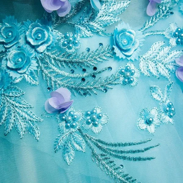 Affordable Chic / Beautiful Prom Dresses 2017 Lace Appliques Pearl Off-The-Shoulder Short Sleeve Backless Floor-Length / Long Sky Blue Ball Gown