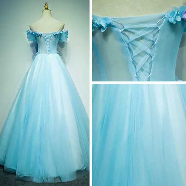 Affordable Chic / Beautiful Prom Dresses 2017 Lace Appliques Pearl Off-The-Shoulder Short Sleeve Backless Floor-Length / Long Sky Blue Ball Gown