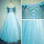 Affordable Chic / Beautiful Prom Dresses 2017 Lace Appliques Pearl Off-The-Shoulder Short Sleeve Backless Floor-Length / Long Sky Blue Ball Gown